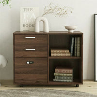 Drawer File Cabinet with Coded Lock, Bedside Table Mobile Lateral Filing Cabinet Printer Stand with Open Storage Shelves & 5 Universal Wheels, Wood Grain Two Layer Storage Cabinet for Office, Brown