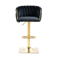 Bar Stool Set of 2, Velvet Swivel Barstools with Woven Back, Height Adjustable Counter Stools, Modern Dining Chair with Footrest, Upholstered Bar Chairs for Kitchen Island Cafe Pub, Black