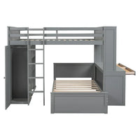 Twin Over Full Bunk Bed with Desk & Wardrobe, Convertible Full Loft Bed & Twin Platform Bed, Wood L Shaped bunk bed with Shelves for Chrildren, Teens, Adult,No Box Spring Needed