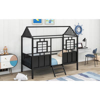Twin Size House Loft Beds, Metal Loft Bed Frame with Roof and Two Front Windows, Playhouse Loft Bed with Fence Railings Cabin Beds for Girls Boys Teens, No Box Spring Needed-Black