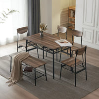 6-Piece Dining Set with Storage Racks, Modern Dining Table Set with Rectangular Table, Bench and 4 High Backrest Chairs for 6 Person with Steel Frame for Dining Room Living Room Kitchen, Natural