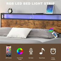 Queen Size Platform Bed with LED Lights and 2 USB Ports, Industrial Queen Bed Frame with Under-Bed Storage and Wooden Headboard, Noise Free, No Box Spring Needed, Rustic Brown