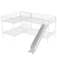Modern Twin Size L-Shaped Bunk Bed for 4, Quad Metal Bunk Beds with Slide and Short Ladder for Kids and Teens Girls Boys, 4 Beds in 1 Loft Bed for Bedroom Dorm Guest Room, White