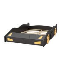 Full Size Race Car-Shaped Platform Bed for Kids, Solid Wood Platform Bed Frame with Wheels and Storage, Sturdy Car Bed with Full-Length Guardrails for Kids Boys and Girls, Space Saving Design, Black