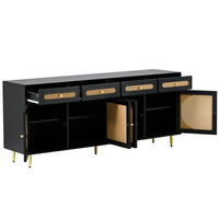 TV Stand with Rattan Door, Console Sideboard Cabinet with 4 Doors and 4 Drawers,Media Accent Kitchen Storage Cabinet,Country Style Design Side Board with Gold Metal Base for Living Room