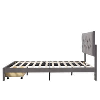 JINS & VICO Platform Bed, Queen Size Platform Bed Frame with a Big Drawer and Button Tufted Headboard, Velvet Upholstered Storage Platform Bed for Kids Adults Bedroom, Gray