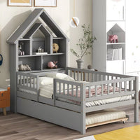 Twin Bed Frame with Fence Railings and Trundle, Wood Twin Size Platform with House Shaped Storage Headboard for Boys Girls, Montessori Safety Guardrails Design, No Box Spring Needed, Gray