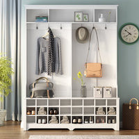 60" Wide Coat Rack with Black Metal Hooks,Hall Tree with Entryway Bench and 24 Shoe Cubbies,Hallway Storage Cabinet for Hallway Living Room Bedroom
