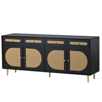 TV Stand with Rattan Door, Console Sideboard Cabinet with 4 Doors and 4 Drawers,Media Accent Kitchen Storage Cabinet,Country Style Design Side Board with Gold Metal Base for Living Room