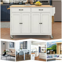Kitchen Island Cart Kitchen Island on Wheels with Spice Rack, Towel Rack and 2 Drawers, Rolling Mobile Kitchen Island with 4 Door Storage Cabinets and Solid Wood Top, White