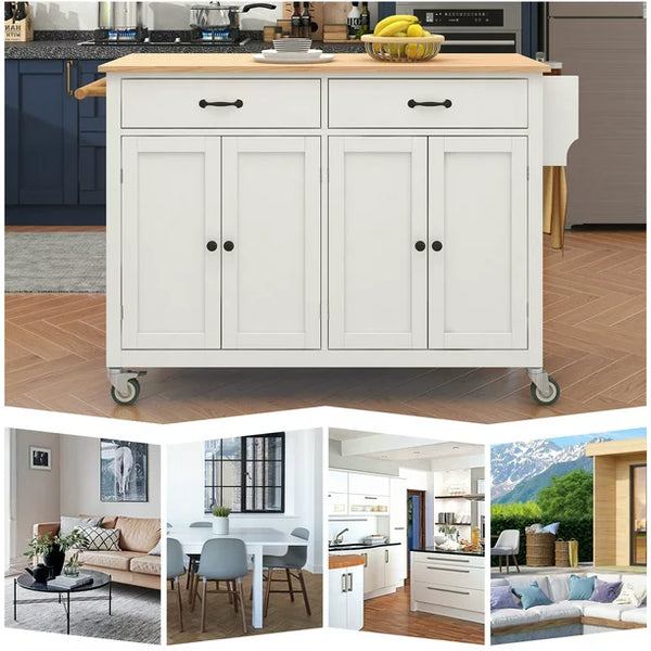 Kitchen Island Cart Kitchen Island on Wheels with Spice Rack, Towel Rack and 2 Drawers, Rolling Mobile Kitchen Island with 4 Door Storage Cabinets and Solid Wood Top, White