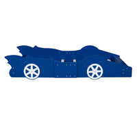 Race Car Bed, Solid Wood Floor Bed with Wheels and Safety Guardrails, Twin Size Platform Bed with Slats Support for Boys Girls Adults, No Spring Box Needed, Blue