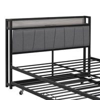 Full Size Platform Bed with Twin Size Trundle, Metal Platform Bed Frame with Upholstered Headboard, Sockets and USB Ports, Sturdy Slat Support Full Size Bed Frame, No Box Spring Needed, Black