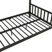 Full Size Metal House Platform Bed with Two Drawers, Low Platform Bed Frame with Headboard and Footboard, Roof Design House Bed for Kids, Teens and Adults, Sturdy Metal Slats Support, Black