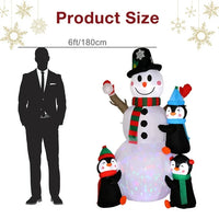 6ft Height Outdoor Christmas Decorations with Rotating Colorful LED Lights, Christmas Inflatable Snowman and 3 Penguins, Christmas Blow Up Yard Decorations for Yard, Lawn, Garden