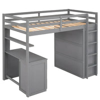 Multi-functional Loft Bed,Twin Size Loft Bed Frame with Desk, Wardrobe and 3 Drawers, Wood High Loft Bed Frame with Full-Length Guardrails for Kids Teens Boys Girls, Gray