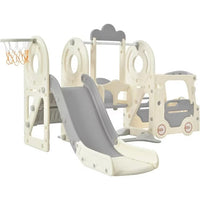 5-in-1 Slide and Swing Set, Toddler Slide Swing Set with Bus Play Structure, Freestanding Slide Set with Climber and Basketball Hoop, Toddler Playground Indoor Outdoor, Gray