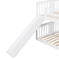 Bunk Bed with Slide, Full over Full Wood Floor Bed Frame with Ladder and Guardrail, Low Bunk Beds for Kids Teens, No Box Spring Required, White