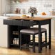 Stationary Rubber Wood Kitchen Island Set with 2 Dining Stools, Modern Farmhouse 3 Pieces Dining Table Set with 2 Shelves and 3 Drawers, for Small Places, Home, 45", Black
