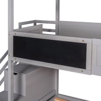 L-Shaped Bunk Beds with Stairs, Twin over Full Floor House Bunk Bed with Full-Length Guardrail & Roof & Blackboard Wood, Space-Saving Loft Bed for Kids Girls Boys, No Box Spring Needed, Gray
