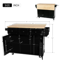 53.1" Kitchen Trolley Cart with 2 Doors & 3 Drawers & Adjustable Shelves, Kitchen Island Cart with Drop-leaf Tabletop and Locking Wheels, Rolling Kitchen Island with Spice Rack and Towel Rack, Black