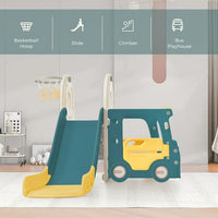 Toddler Kids Slide with Bus Play Structure, Kids Play Climber Slide Playset Bus Toy with Basketball Hoop, Freestanding Bus Slide Set Easy Assembly Indoor Outdoor for Boys Girls, Yellow