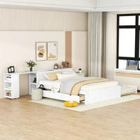 Full Bed Frame with Drawers and Twin size Trundle, Full Size Platform Bed with Extended Storage Headboard and Rolling Shelf, Wooden Frame and Slats Support, White