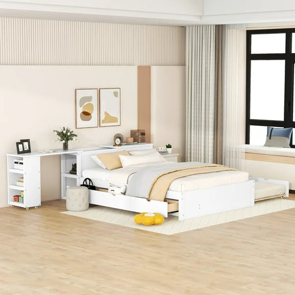 Full Bed Frame with Drawers and Twin size Trundle, Full Size Platform Bed with Extended Storage Headboard and Rolling Shelf, Wooden Frame and Slats Support, White