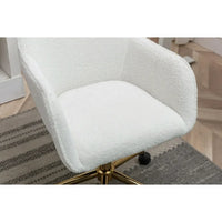 Modern Swivel Desk Chair, Teddy Fabric Home Office Task Chair Adjustable Swivel Mid-Back Cute Upholstered Accent Vanity Armchair with Gold Metal Legs and Universal Wheel for Home Office, White