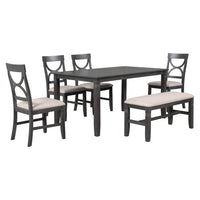 Dining Table Set, 6-Piece Wood Kitchen Table Set with Upholstered Bench and 4 Dining Chairs, Farmhouse Style Dining Room Set, Solid Wood Kitchen Dining Room Set for 4-6 Persons, Rustic Style, Gray
