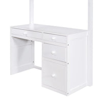 Twin Size Loft Bed with Built-in Studying Desk for Kids, Solid Wood Bed Frame with 3-Tier Shelves and Storage Drawers, Versatile Bed with Ladder and Guardrails for Boys and Girls, White