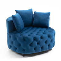 Accent Barrel Chair, Modern Button Tufted Velvet Upholstered Barrel Chair with 3 Pillows, Comfy Single Sofa Chair with Curved Back and Solid Wood Legs, Oversized Leisure Lounge Chair for Bedroom, Blue