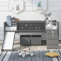 Low Loft Bed with Slide and Two Storage Boxes, Chalkboard, Wood Twin Size Loft Bed with Climbing Frame and Rope (Gray, Loft Bed)
