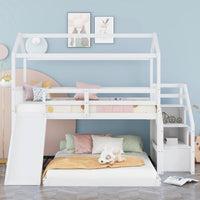Twin Over Full House Bunk Bed with Convertible Slide and Storage Staircase, Kids Bunk Bed with Roof and Full-Length Guardrail,Floor Bunk Beds with Slat Support,No Box Spring Needed,Easy Assembly,White