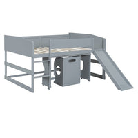 Loft Bed Full Size, Low Study Full Loft Bed with Rolling Portable Desk and Chair, Kids Loft Bed with Slide, Built-in 2 Rung Ladder and Full Length Safety Guardrails for Boys Girls, Gray