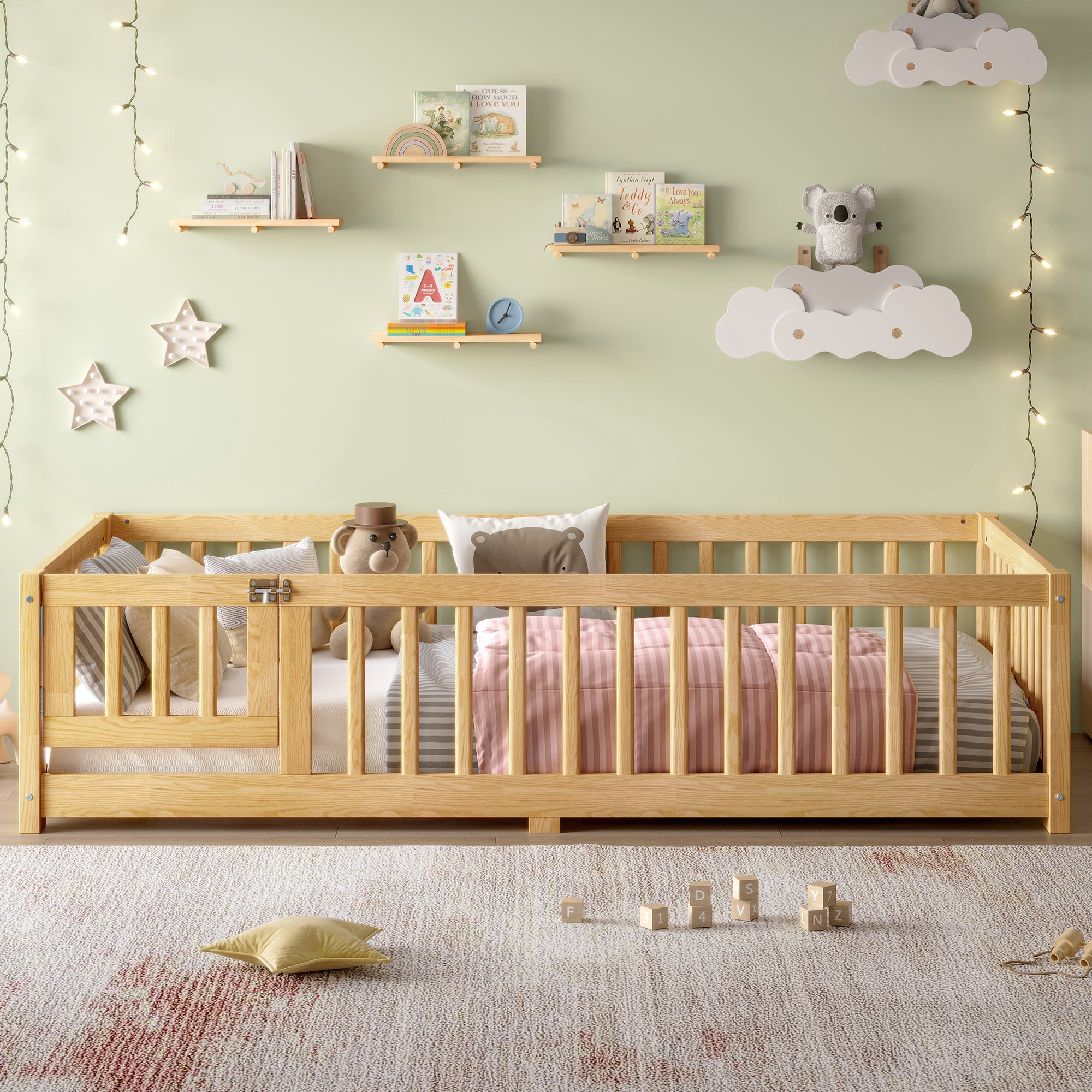 Triple Tree Twin Size Bed Floor Bed with Safety Guardrails and Door for Kids, Natural