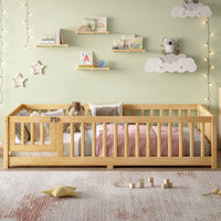 Triple Tree Twin Size Bed Floor Bed with Safety Guardrails and Door for Kids, Natural