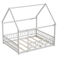 Queen Size Montessori Floor Bed Frame with Slats and Fence, Wooden House Bed for Boys Girls Bedroom, White
