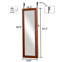 Mirror Jewelry Cabinet, 47.2"H Jewelry Cabinet Mirrored Furniture, Wall Mount and Over The Door Wooden Mirror Cabinet with Outside Full Length Dressing Mirror and Inside Small Mirror, Oak