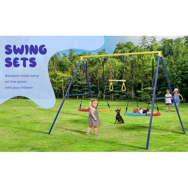 Outdoor Toddler Saucer Swing Set,Playground Tree Swing Set with Steel Frames and Disc Tree Swing Playset,Outdoor Swing Set for Backyard,Playground,Blue