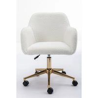 Modern Swivel Desk Chair, Teddy Fabric Home Office Task Chair Adjustable Swivel Mid-Back Cute Upholstered Accent Vanity Armchair with Gold Metal Legs and Universal Wheel for Home Office, White