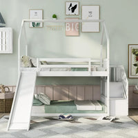 Twin Over Twin Bunk Bed with Convertible Slide,Solid Wood Bunk Bed Frame with Storage Staircase,Playhouse Design Bunk Bed for Boys and Girls,Easy Assembly,White