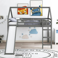 Full Size House Loft Bed with Slide and Ladder for Kids Bedroom, Wood Bedframe with Roof and Guardrails, Home Furniutre for Boys Girls, No Box Spring Required, Gray