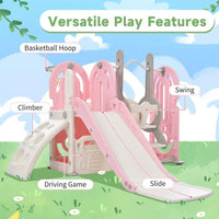 Slide and Swing Set 5 in 1, Kids Playground Climber Slide Playset with with Basketball Hoop, Extra Long Slide, Easy Set Up Baby Playset for Indoor Outdoor Backyard, Pink