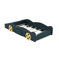 Twin Size Race Car-Shaped Platform Bed for Kids, Solid Wood Platform Bed Frame with Wheels and Storage, Sturdy Car Bed with Full-Length Guardrails for Kids Boys and Girls, Space Saving Design, Blue
