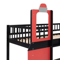 Train Shaped Bunk Bed with Window, Wood Twin Over Twin Loft Bed Frame with Full-Length Guardrail & Ladders, Multifunctional Floor Loft Bunk Bed for Boys Girls, Space-Saving, No Box Spring Needed, Red