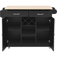 48 Inch Storage Cabinet with 2 Drawers and Open Shelves, Wood Modern Sideboard with 4 Locking Wheels and Wine Rack, Entryway Buffet Side Table Cupboard with Towel Rack for Living Room Kitchen, Black