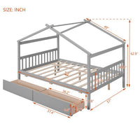 Full Size House Bed Frame, Wood Platform Bed with 2 Drawers, Decorative Canopy Bed Top, Sturdy Frame Wood Legs Supprot, No Box Spring Needed, Gray
