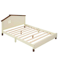 Full Size Wood Platform Bed with House-shaped Headboard, Wooden Bed Frame with Shelf Behind, Cute Full Bed for Kids Teens Girls Boys, No Box Spring Needed, Cream+Walnut