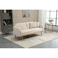 66"Accent Recline Sofa, Velvet Loveseat Sofa, Modern Futon Sofa Bed with 5 Golden Metal Legs, Sleeper Sofa Couch with Two Pillows, Convertible Loveseat for Living Room and Bedroom, Beige